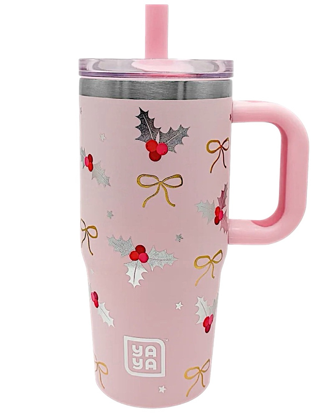 YAYA New Pink Christmas Travel Tumbler 3+ with Reusable Straw & Spill-Safe